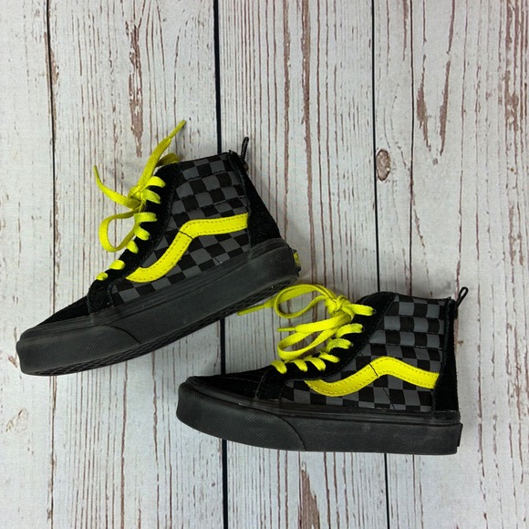 Vans Other - Vans Kids Sk8-Hi Zip Checkerboard Black Neon Yellow Sneakers Size 10.5 721356